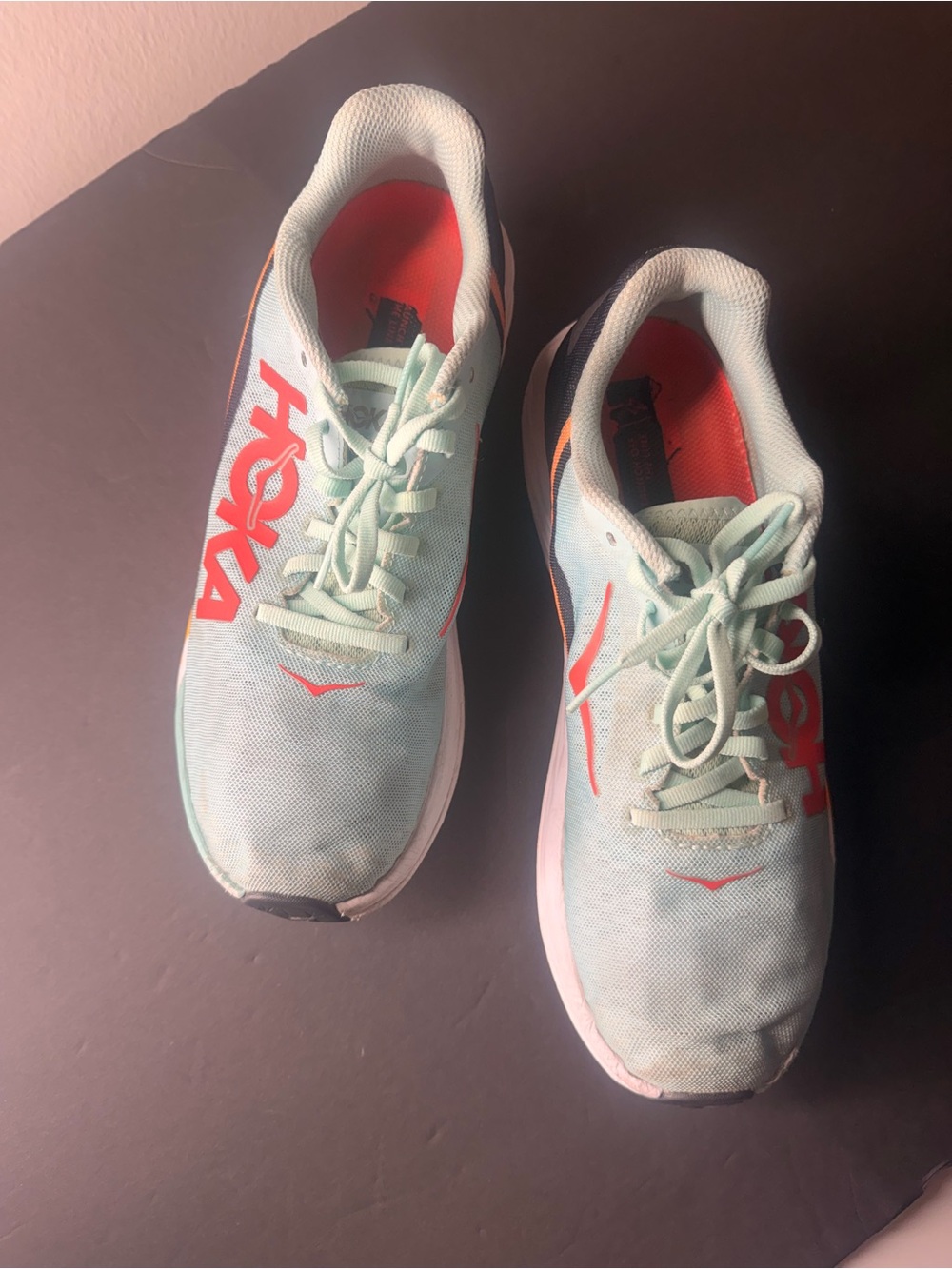 Hoka Mint Green Running Shoes with Coral Accents